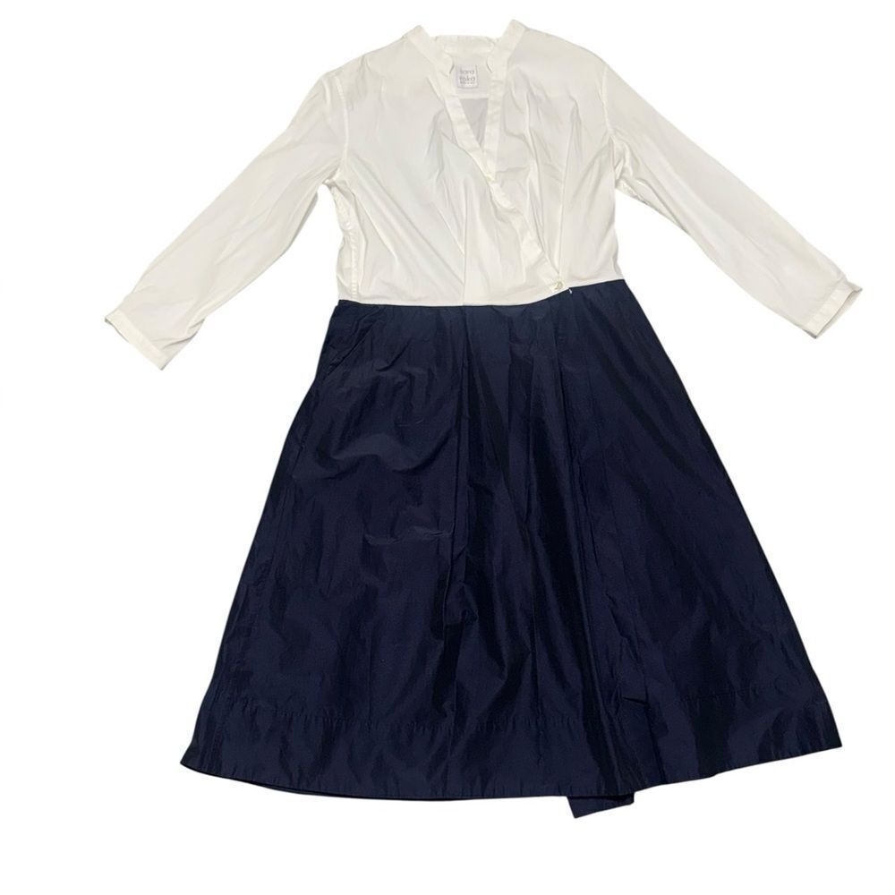 SARA ROKA white & navy asymmetrical button up midi long sleeve mid length dress